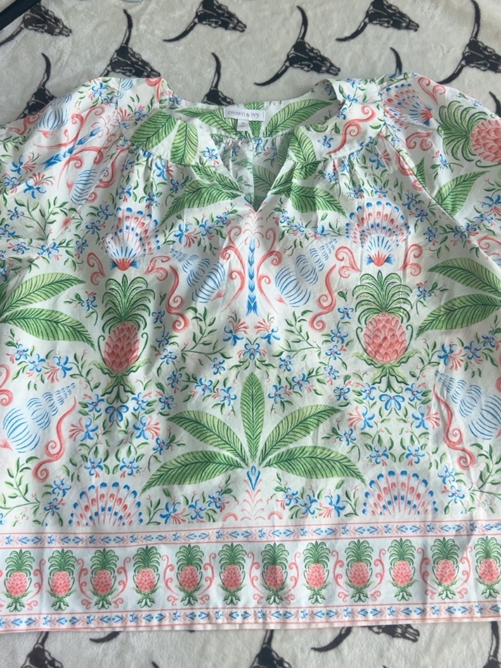 Crown & Ivy Pineapple Floral Border Print Puff Sleeve Top Medium
